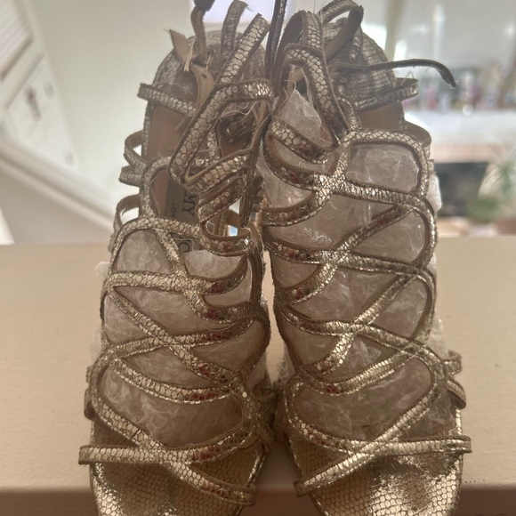 Jimmy Choo Shimmering Gold Metallic python Strappy Heels w/dust bag - Picture 5 of 10